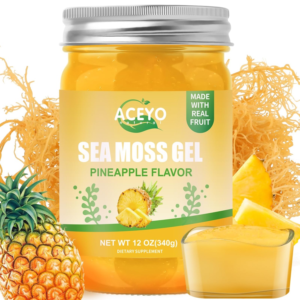 ACEYO (12 OZ Irsk Sea Moss Gel Raw Vegansk Pineapple Flavor 102 Vitaminer og mineraler Wild Harvested Non-GMO Immune Defense Booster Thyroid Digestiv støtte