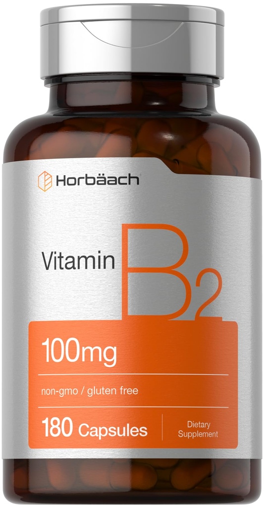 Horbäach Vitamin B2 100 mg | 180 kapsler | Riboflavin Supplement | Ikke-GMO & Glutenfri
