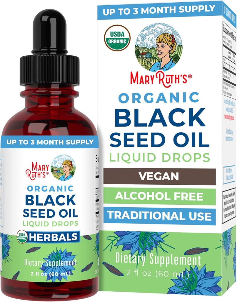 MaryRuth Organics Black Seed Oil flytende dråper Kaldt Presset | 3 måneders forsyning | USDA organisk Black Cumin Seed Oil | Immune Support | Respiratorisk helse | Sukker & Glutenfri | Vegan | Ikke-GMO | 2 Fl Oz