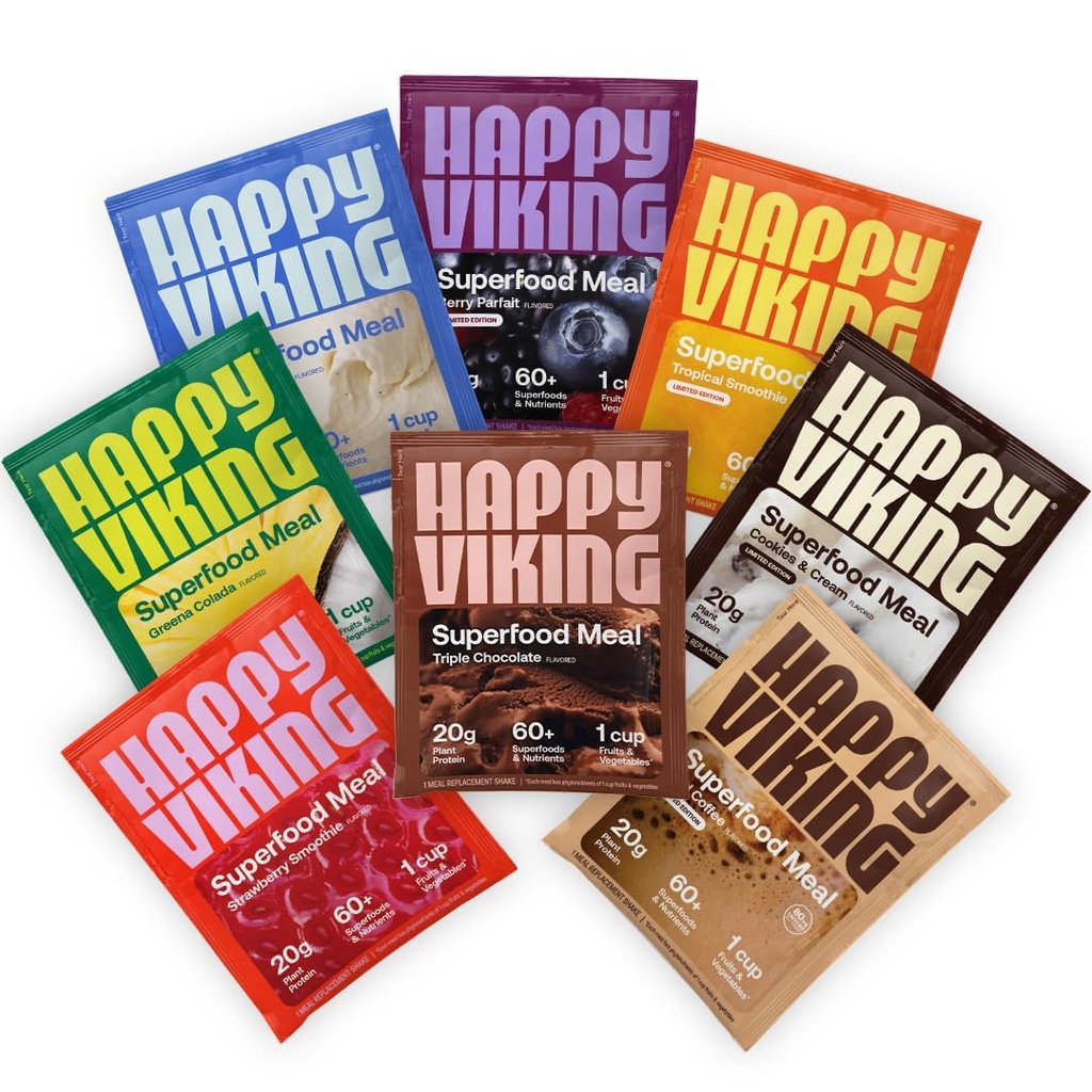 Happy Viking Variety Pack Plant Protein pulver, laget av Venus Williams, 20G Protein, Lavkarbohydrat, Keto, Vegansk, Glutenfri, Ikke-GMO, Supermat, Fullstendig måltider erstatning, 8 enkelt servere pakker