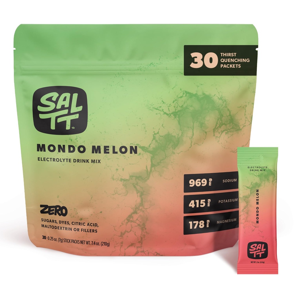 SALTT Elektrolyserer pulverflavorert drikkblanding - Mondo Melon - 30 Hydration Packets - Magnesium, Kalium, Natrium, Trace Minerals - Zero Sukker & Glutenfri - Reise Essentials