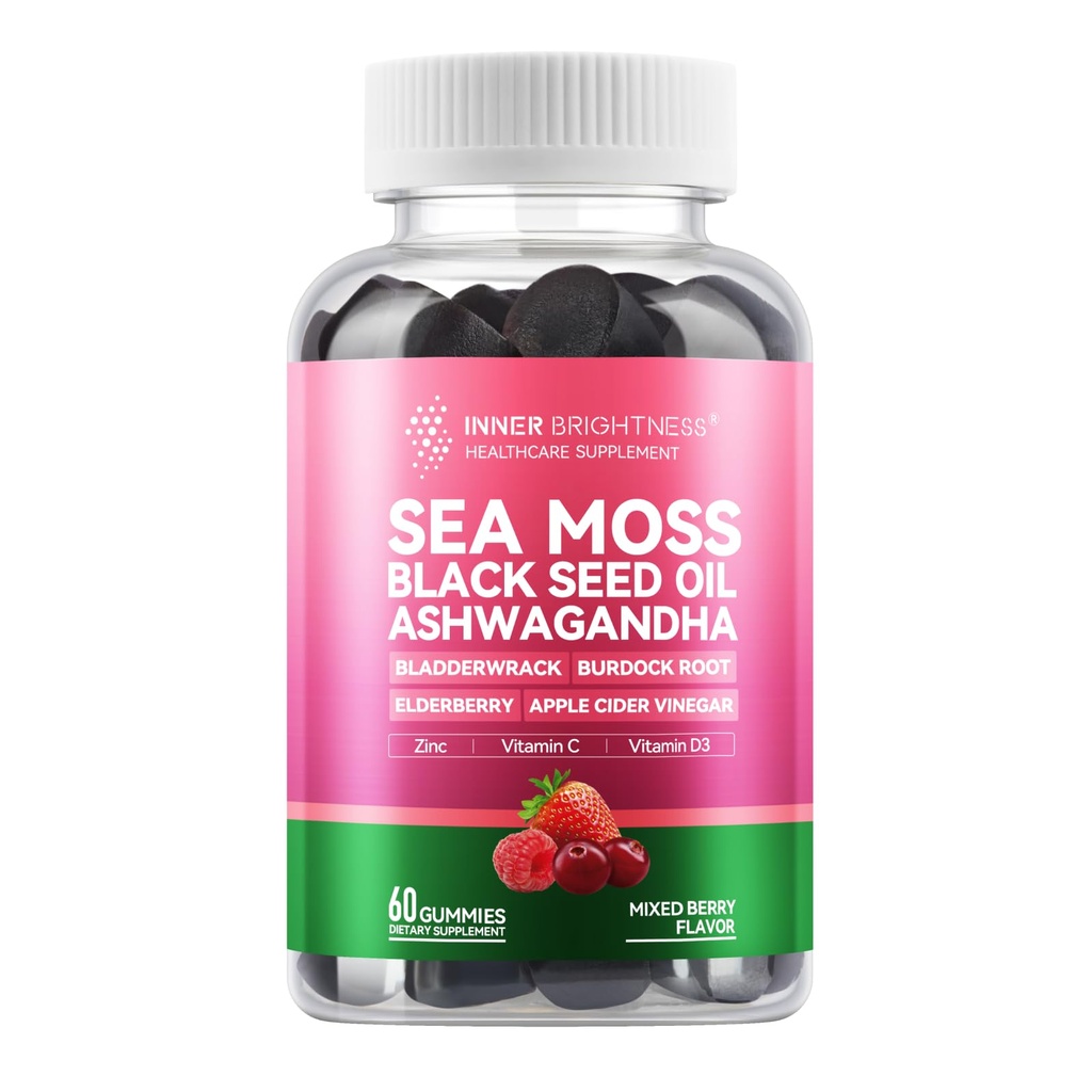 Sea Moss 4000mg Gummies med Ashwagandha, Elderberry, Apple Cider Vinegar, Bladderwrack, Burdock Root – Immunstøtte – Blandet Berry Flavor – 60 Count