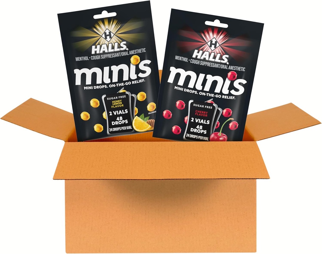 HALLS Minis Cherry og honning sitron sukker gratis cough drops Variety Pack, 2 poser, 4 pakker (96 total drops)