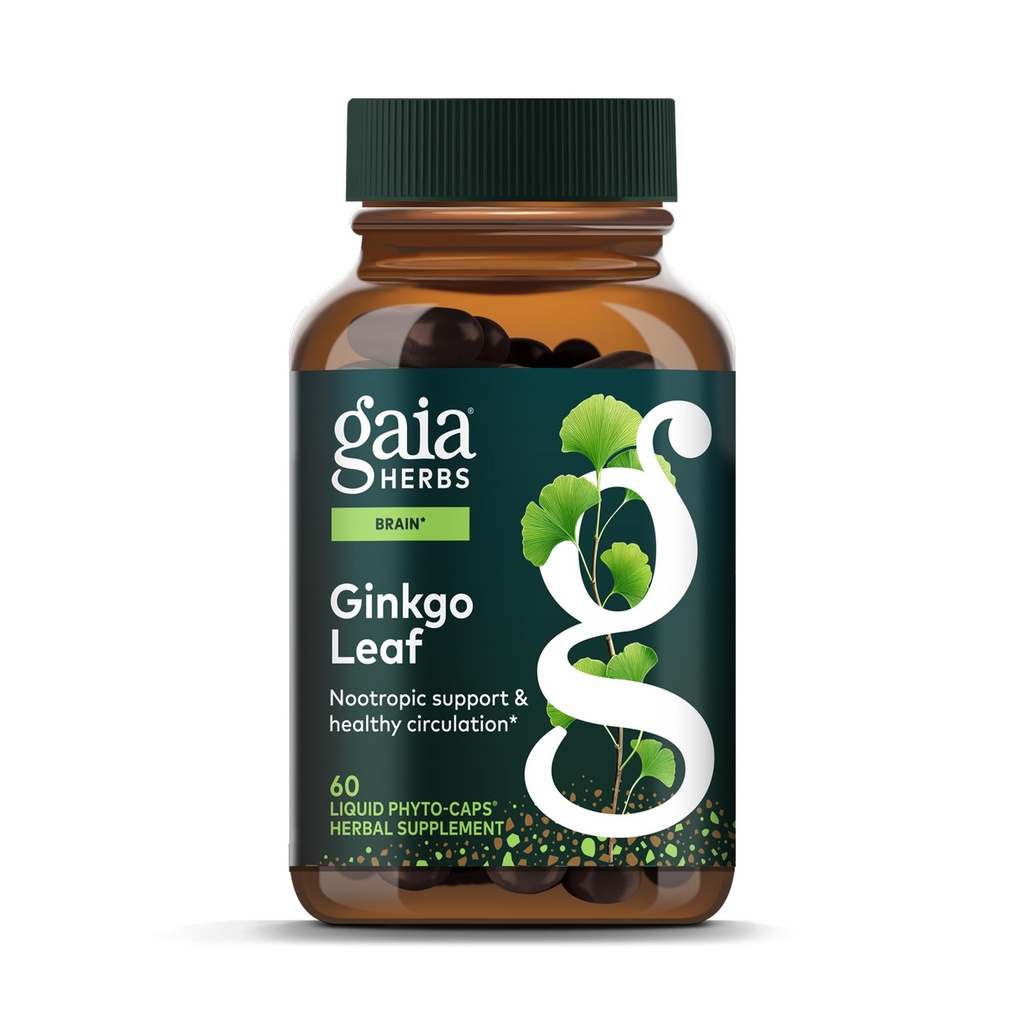 Gaia Herbs Ginkgo Leaf - Tradisjonelt brukt til å støtte sunn sirkulasjon og hjernefunksjon* - Herbal Supplement - 60 Vegan flytende fyto-kapsler (20-dagers levering)