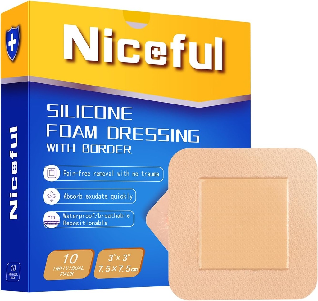 Silikonskum kjole 3x3 i (7.5x7.5cm), høy absorbens seng Sore Bandages sår omsorg kjole, vanntett silikon bandasjer for sensitive hudsår omsorg(10 stk)