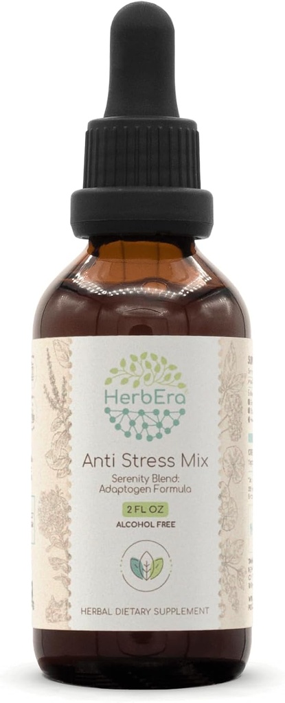 Anti Stress Mix B60 alkohol-fri ekstrakt Tinktur, Eleuthero Root, Rhodiola Root, Schisandra Berry, Gotu Kola Urt, Holy Basil Herb. Serenity Blend: Adaptogen Formel 2 Fl Oz