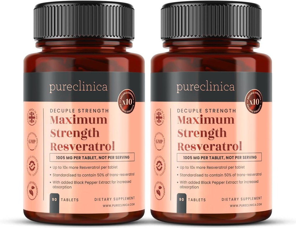 pureclinica 1000 mg Resveratrol x 180 tabletter (2 flasker 90 tabletter hver - 6 måneders forsyning). 10 x styrke og med svart pepper ekstrakt for raskere absorpsjon