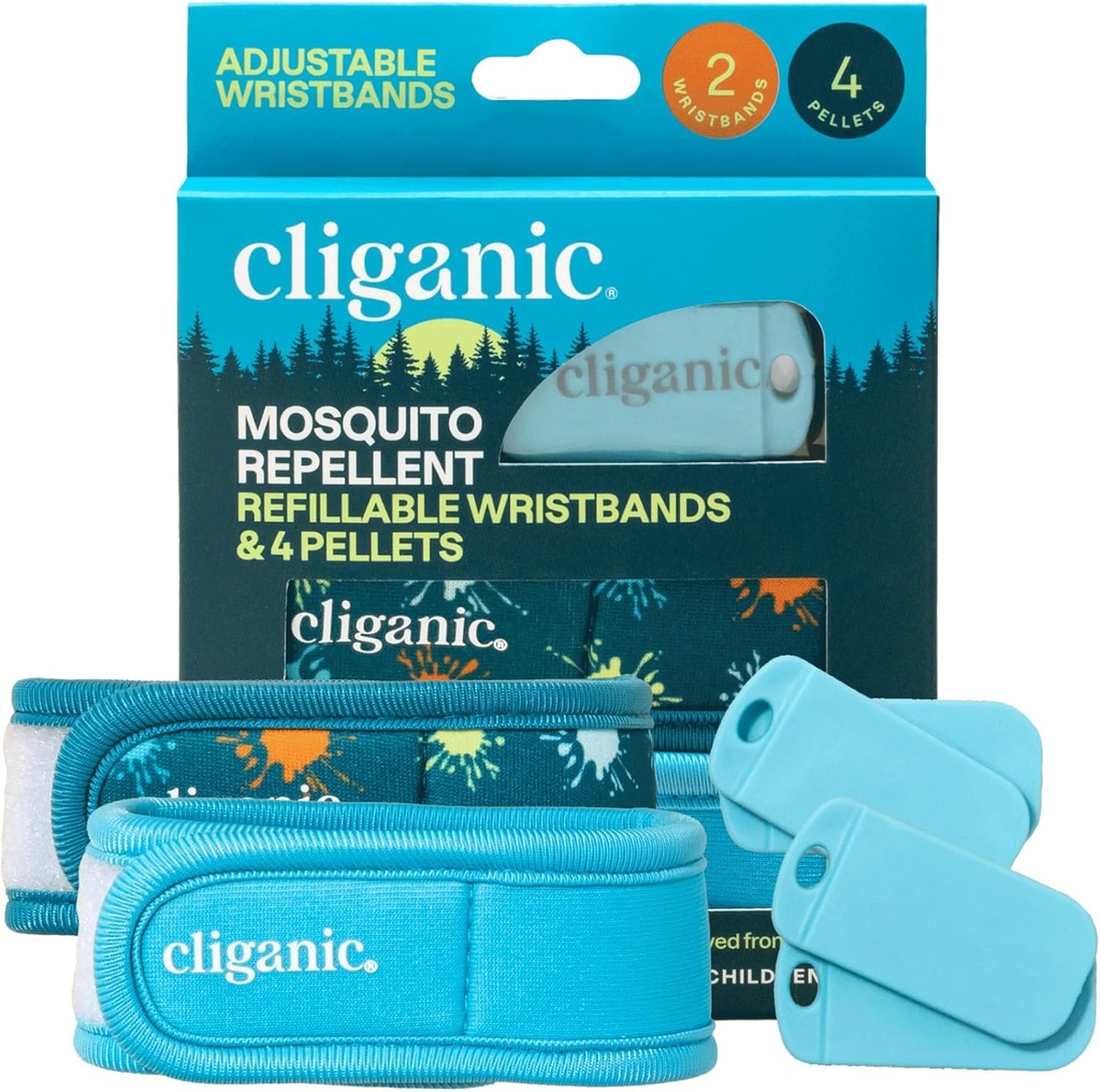 Cliganic Mosquito Repellent Pack (2 Wristbands + 4 Refill Pellets) - Justerbar, naturlig DEET-fri, essensiell olje infisert
