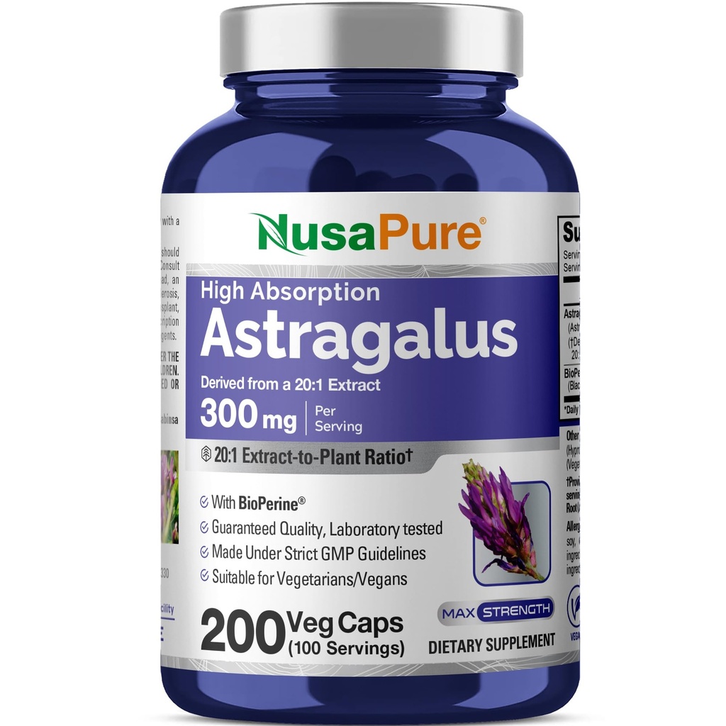 NusaPure Astragalus 20:1 Ekstrakt, 300 mg tilsvarende 6000 mg per servering, 200 Veggie kapsler, ikke-GMO & Bioperin