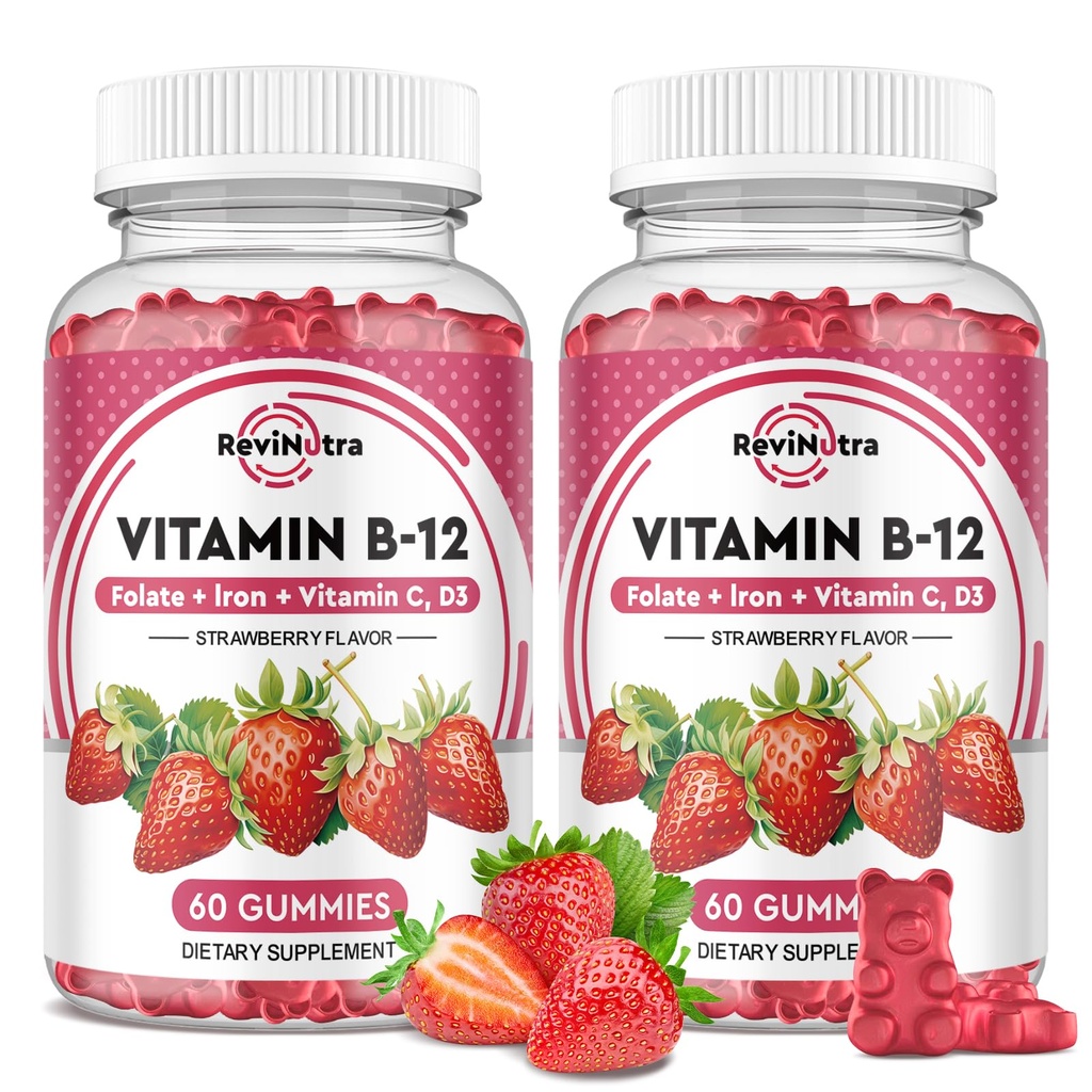 Vitamin B12 Complex Gummies - 5000 mikrog Metylkobalamin med jern, vitamin C, D3 & Folat, Energi støtte og metabolisme, Immun, B-12 Chewable Supplement for menn og kvinner, Jordbær Flavor, 2 Pack