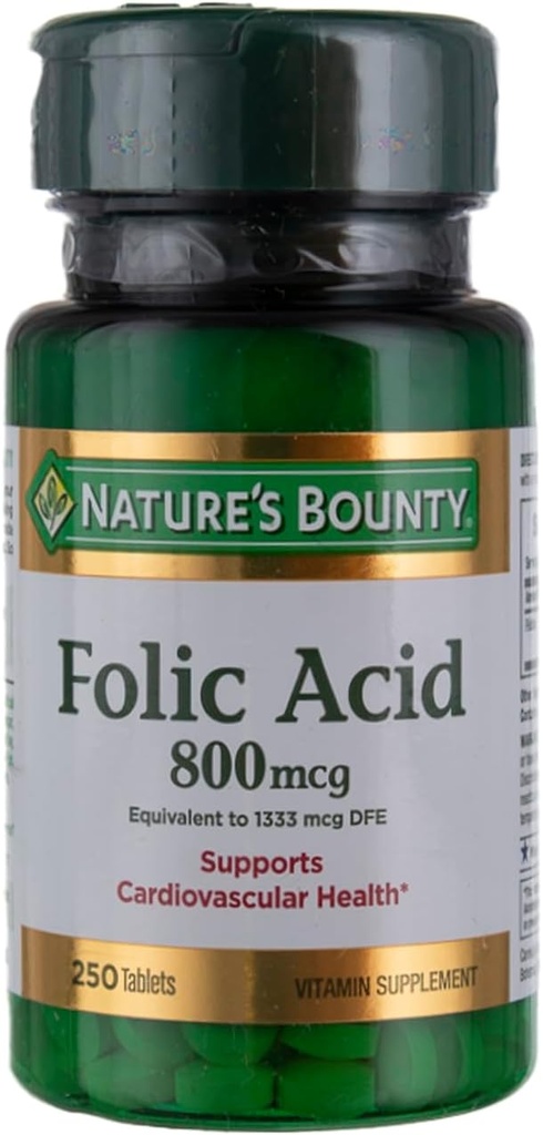 Naturens Bounty folic Acid 800 mcg tabletter Maksimal styrke 250 teller (pakke på 6)