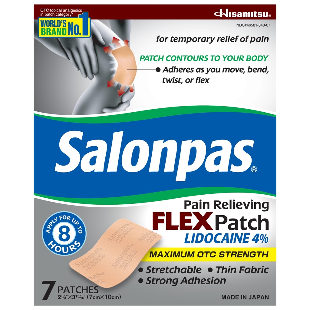 Salonpas Maksimal OTC Styrke Lidocaine 4% smerte lindrer FLEX Patch, Påsøk i opptil 8 timer, Usentrert, Tynn, fleksibel, lettvekt, Patch Holder på plass, 7 lapper