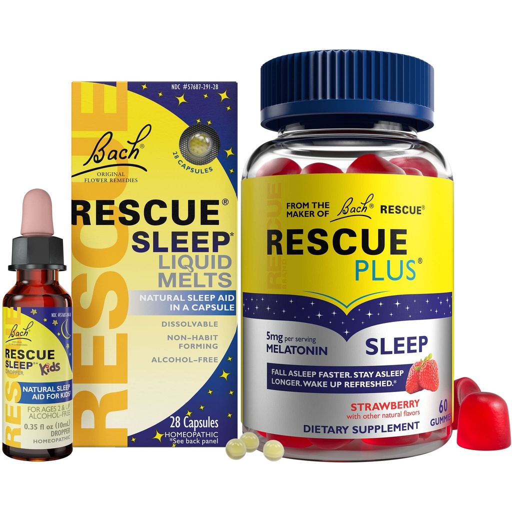 RESCUE Nighttime Sleep Aid Bundle, 3Pk - Bach Sleep Kids Dropper, 10ml Sleep Liquid Smelts, 28Ct Plus Sleep Gummies med 5 mg Melatonin/dose, 60Ct