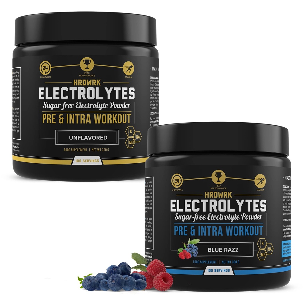 MMA ernæring HRDWRK 100 serverer keto elektrolyter pulverhydrasjon sukker gratis - Electrolyte pulver til å øke utholdenhet og redusere tretthet med elektrolyter Supplement - Uslavored & Blå bringebær sett