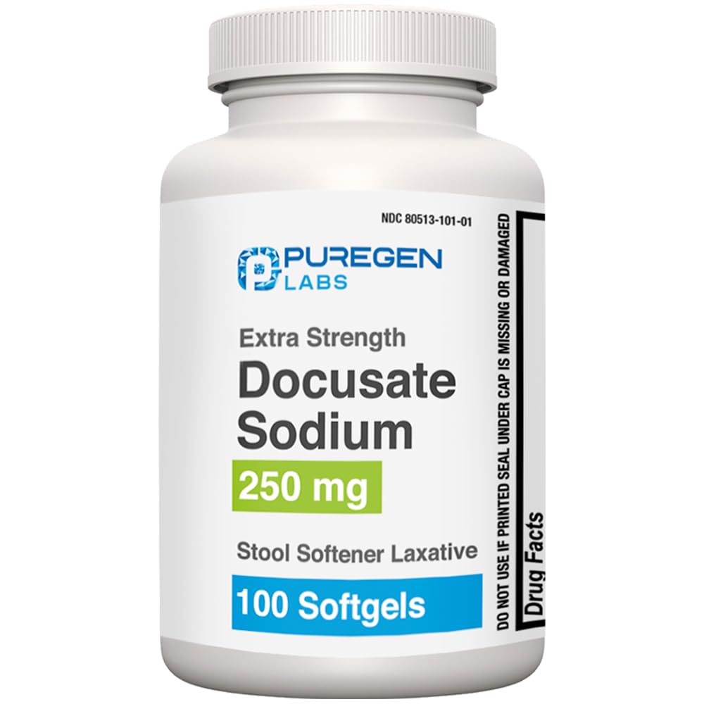 Puregen Labs Dokusate Natrium 250mg Stool Softener Laxative | 100 mykgels | Gentle Acceleration Relief | Ekstra styrke | Stimulant Gratis