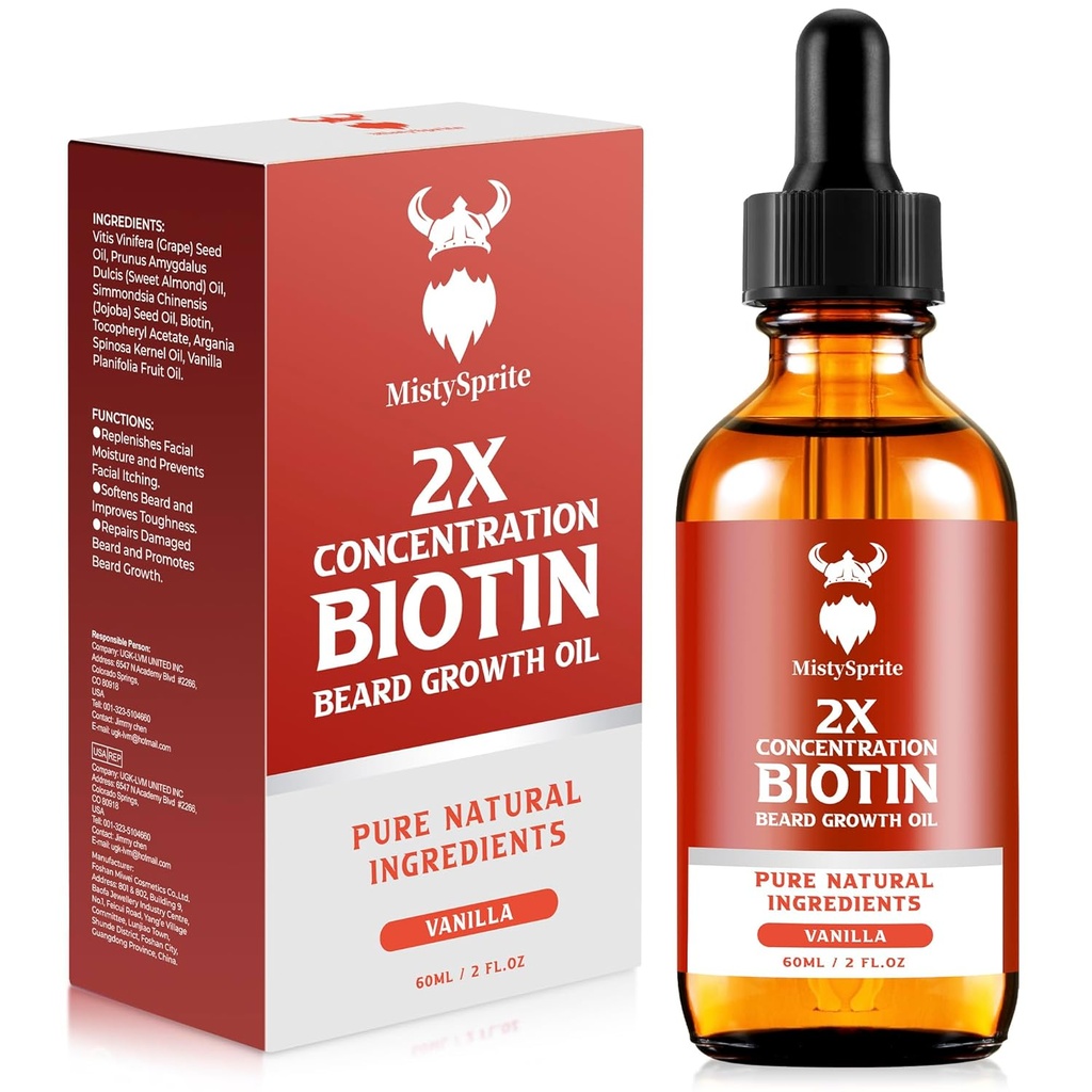 Beard Growth Oil - 2X Konsentrasjon Biotin for menn (2 oz) - Naturlig med Argan, Jojoba og Vitamin, Vekst Softener, Moisturizer (Vanilla)