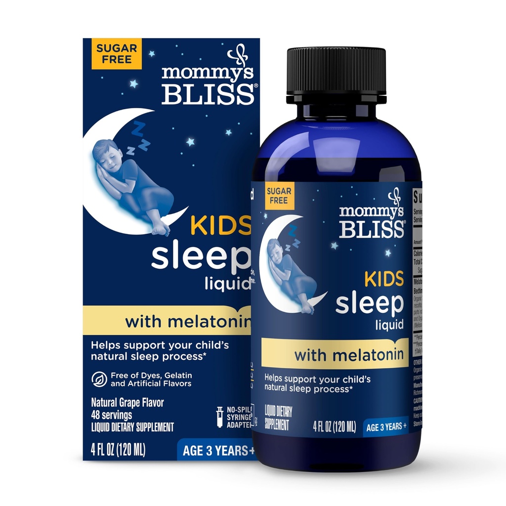 Mammas Bliss Barn sove flytende med Melatonin & beroligende urter | Melatonin for barn 3 år og opp | Grape Flavor | Sukkerfri | 4 Fl Oz (60 Services)