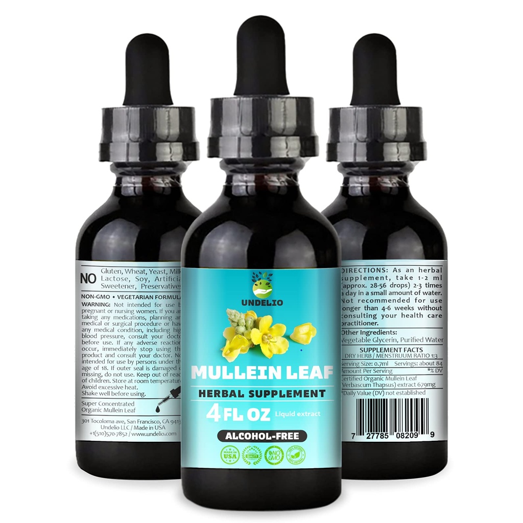 Undelio's Herbal Mullein Leaf Extract - Økologisk & alkoholfri tinktur for andning, lunge, søvn og digestiv støtte - Ikke-GMO, Vegan - 4 fl.