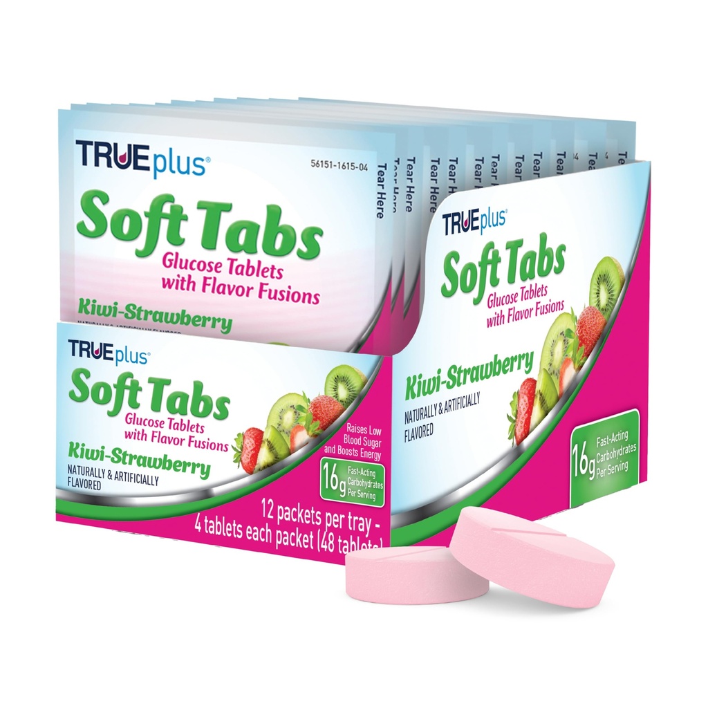 TRUEPlus® Soft Tabs Glucose Tabletter – 12 pakker – 48 faner (Kiwi Strawberry)