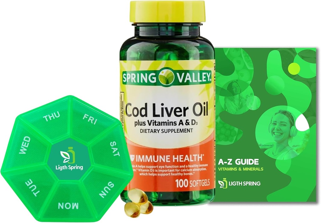 Spring Valley Cod Liver Oil Plus vitaminer A & D3, 100 softgels, støtte øyefunksjon og en sunn, bunke med vitaminer og mineraler Ligth & Spring guide
