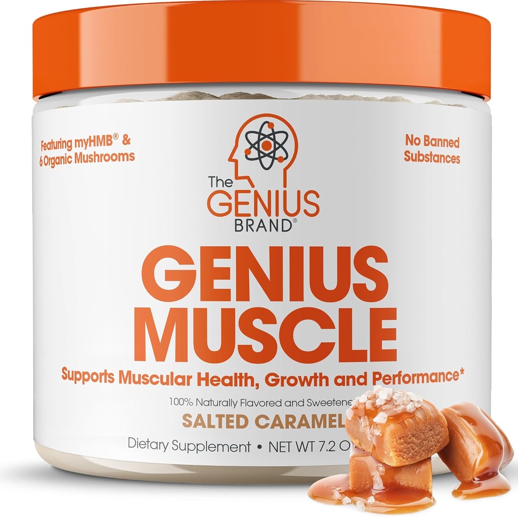 Genius Merke Genius Muskel - Muskelhelse Supplement for vekst, utholdenhet og gjenoppretting - Ikke-Hormonal Formula - 6 Organiske Muskler - Naturlig-Sweeted - 30 Services - Saltet karamell