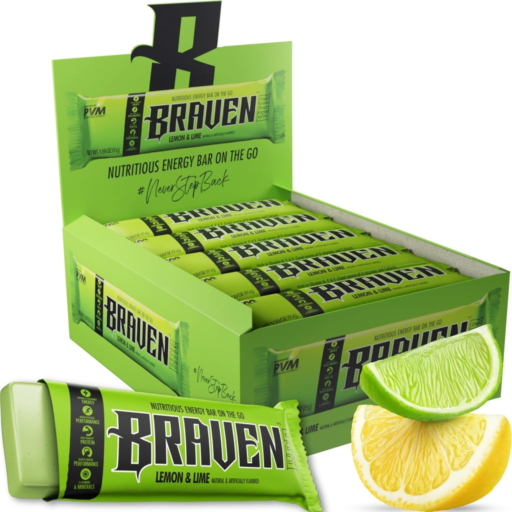 Braven Bar Lemon Lime Energy Bars (1.59 oz, pakke med 20) – Energi Chews med 5g Protein – On-the-Go Energi Snacks for løp, fotturer og idrett - Glutenfri snacks for responderbar energi Boost