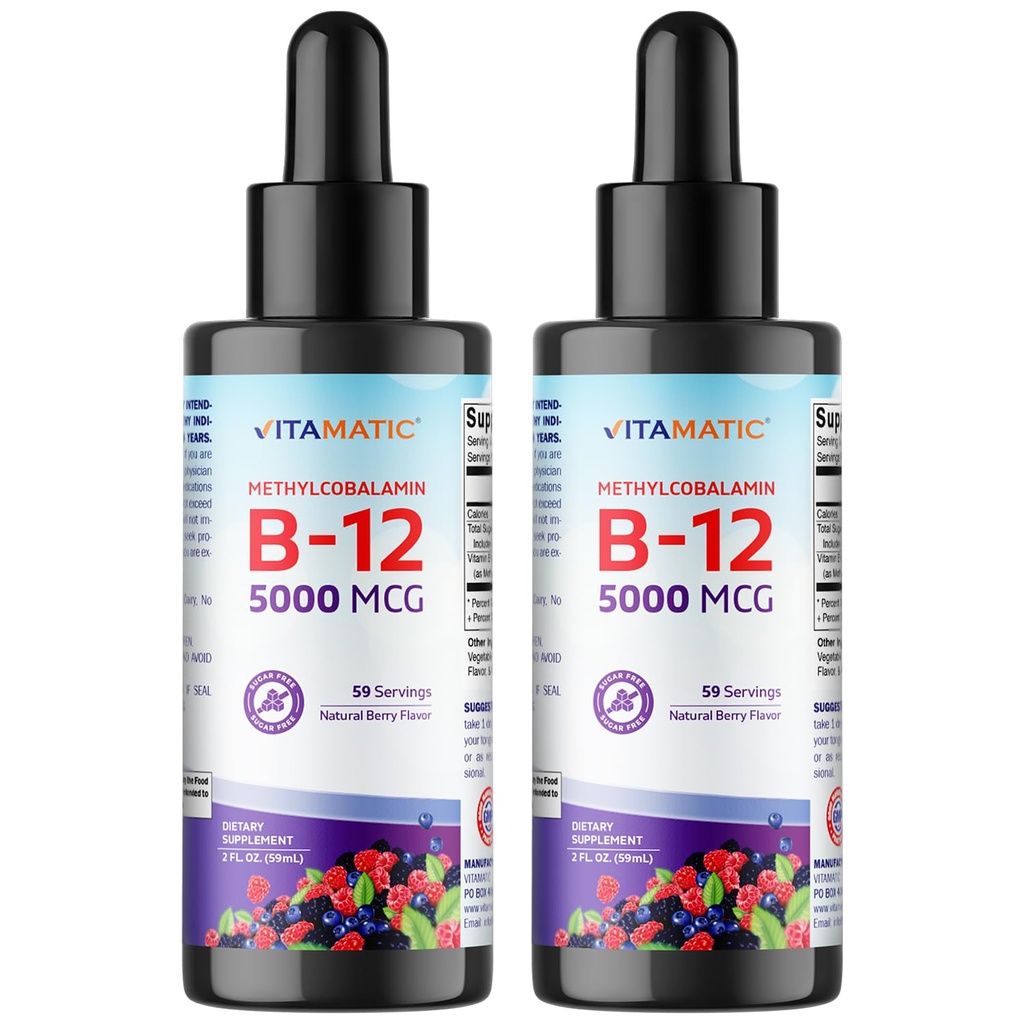 Vitamatic 2 Pakker raskt fungerende flytende vitamin B12 5000 mikrog (Metylkobalamin) - Naturlig Berry Flavor - Sublingual Supplement - raskere absorpsjon - 2 OZ