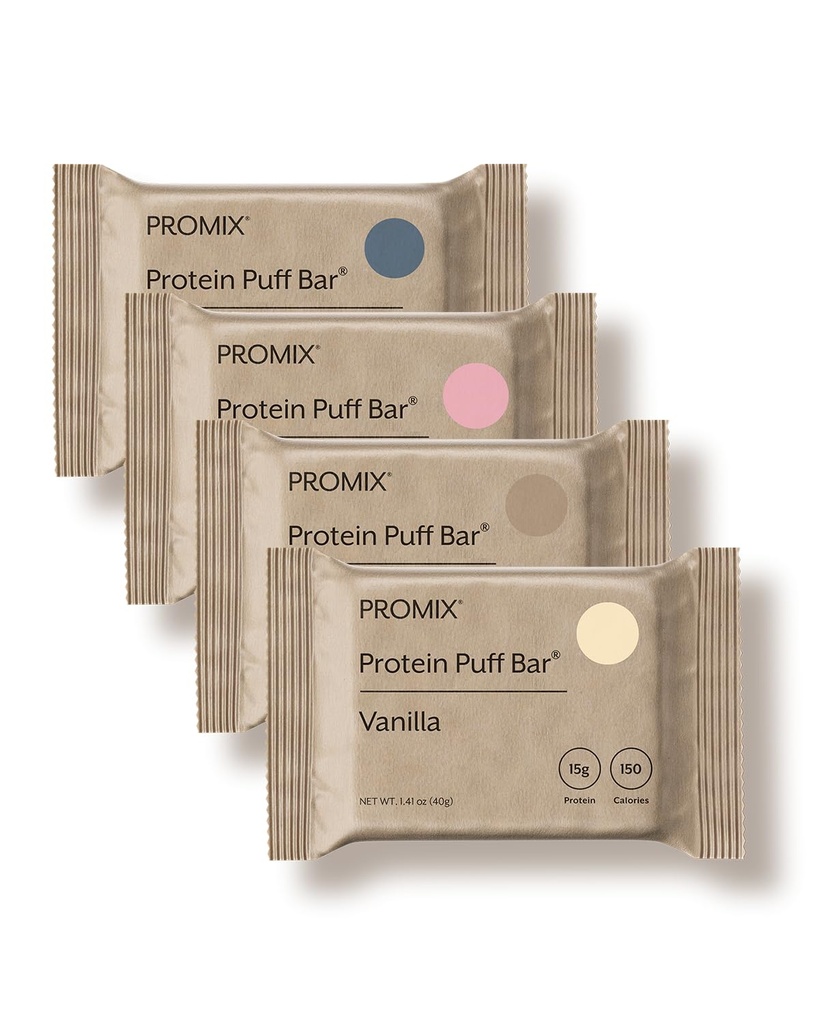 PrMedium Ernæring Protein Puff Bars - Variety Pack - Vanilla, Sjokolade, Jordbær, Blåbær - Marshmallow Crispy Treat - høyprotein & lav kalori - 12 Bars