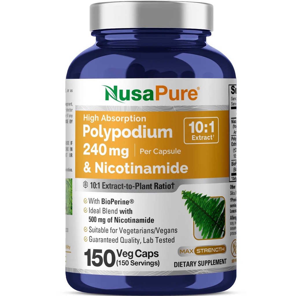 NusaPure Polypodium Nicotinamid 10:1 Ekstrakt, 240 mg Tilsvarende til 2.400 mg per Veg Caps - 150 greve (Non-GMO, Soyafri, Bioperin)