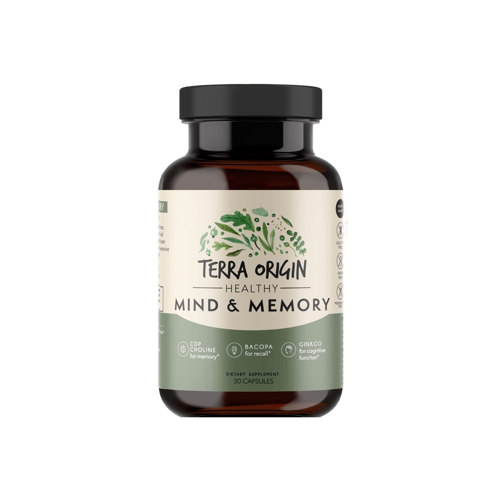 TERRA ORIGINA Sunn Mind and Memory Support Supplement | Kognitiv Minne Matrix Nootropic CDP, Bacopa, L-tyrosin, Huperzine A, Ginko, B12 | Ikke GMO, Glutenfri, Dairy Free | 30 Kapsler