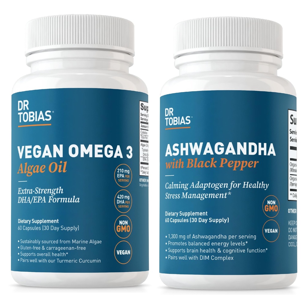 Dr. Tobias Vegan Omega 3 Algae Olje og Ashwagandha Capsules, støtter Resiliens, Immun helse, og total velvære, ikke-GMO, Vegan