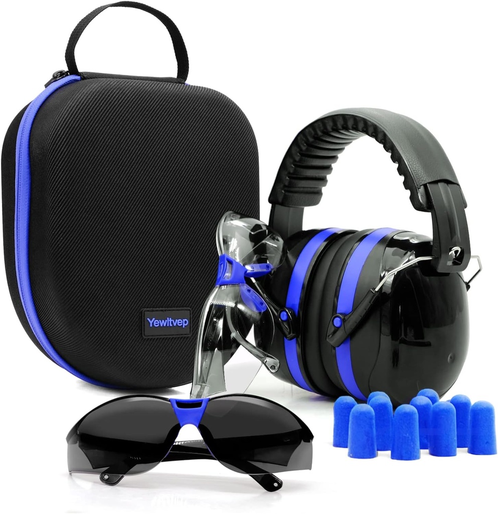 Yewltvep Skyting øre beskyttelse pistol rekkevidde ørebeskyttelse med earmuffs, våpensikkerhet briller, ørepropper, hard lagring saken