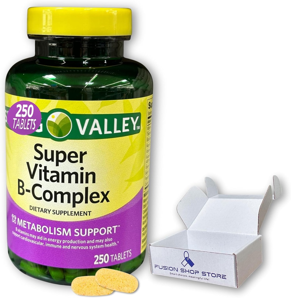 Super Vitamin B komplekse Spring Valley-tabletter 250 greve blanding av B6 B12 C tiamin biotin folat pantotensyre og riboflavin, bokset av Fusion Shop Store