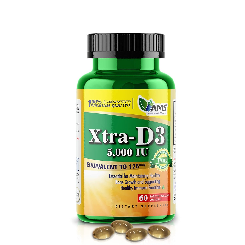 America Medic & Science Xtra D3 Vitamin D 5000 IU (125 mikrog) Kolekalciferol Supplement for menn og kvinner (60 lett å svelge Softgels) Best for bein, hjertehelse, immunsystemstøtte, lungefunksjon