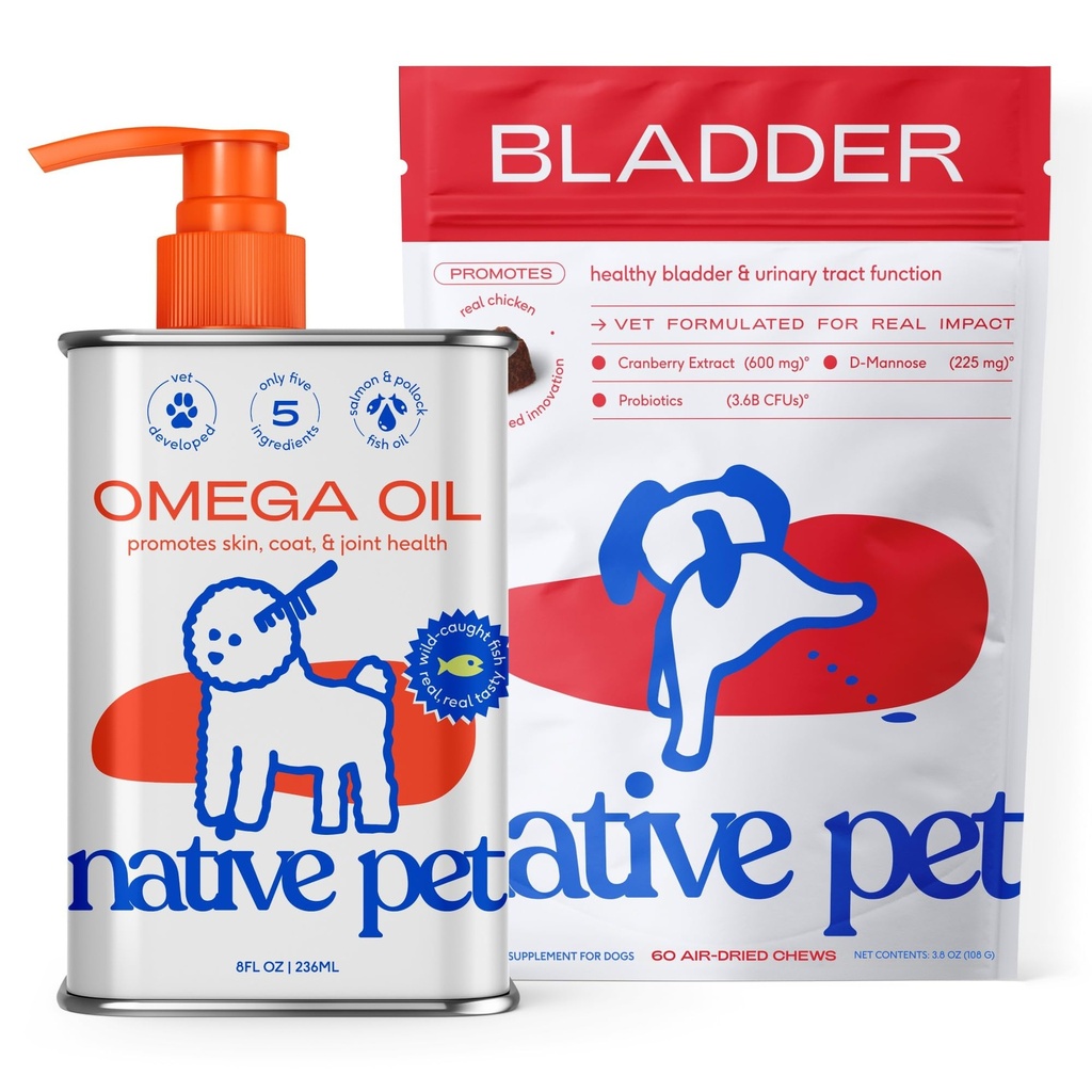 Native Pet Hund UTI behandling over Counter & Fish Oil for hunder å støtte kløende hud + mobilitet ® 60 Chews & 8 Oz