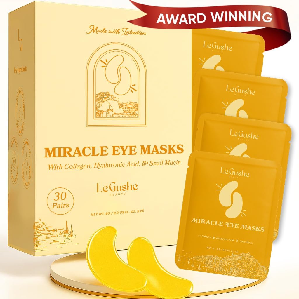 LE GUSHE gull under øyet lapper for pupper og mørke sirkler (30 par) - Hydrating collagen under øyemasker med snail Mucin - beroligende pupper behandling for kvinner og menn - brudepike gaver