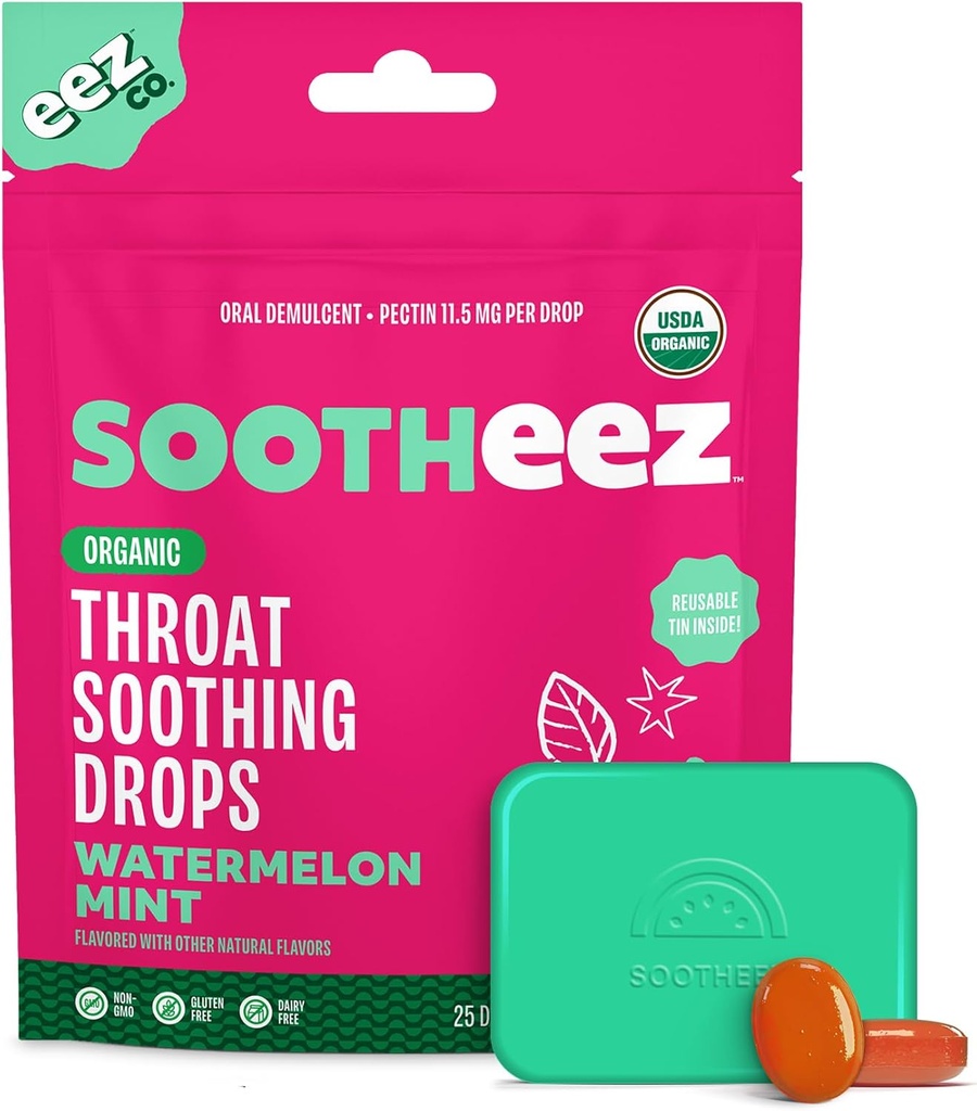 Sootheez Organic Throat Soothing Drops for voksne, Watermelon Mint, 25 greve, Påfyllbar, Flotte Tasting Drops At Sooth Sore Throats