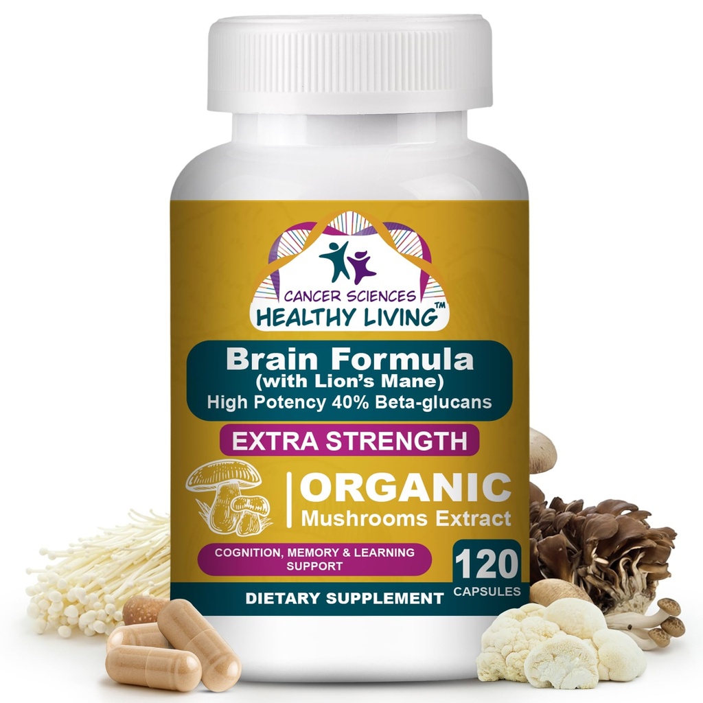 Kreftvitenskaper Brain Supplements for hukommelse og fokus - 1.500mg Brain Health Mushroom Supplement for voksne og eldre - Høy styrke 40% Beta-Glucans for immunstøtte og vitaminer, 120 kapsler