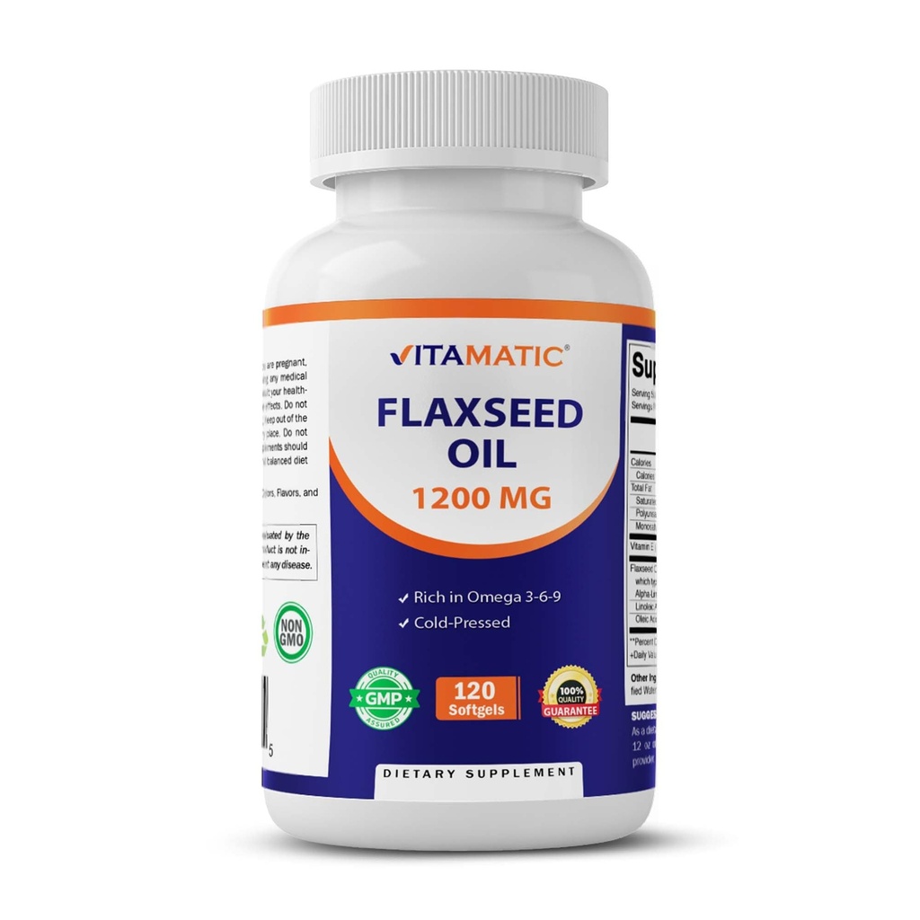 Vitamatic Flaksfrø Olje 1200 mg – 120 Softgels Kaldpresset Flaksfrøolje med 675 mg ALA Omega-3 – støtter hjertehelse og total velvære