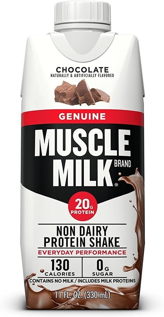 Muskelmelk ekte proteinshake, sjokolade, 11 Fl Oz karton, 12 pakke, 25g protein, null sukker, kalsium, vitaminer A, C & D, 5g fiber, energiserende snack, treningsgjenvinning, emballasje mai Vary