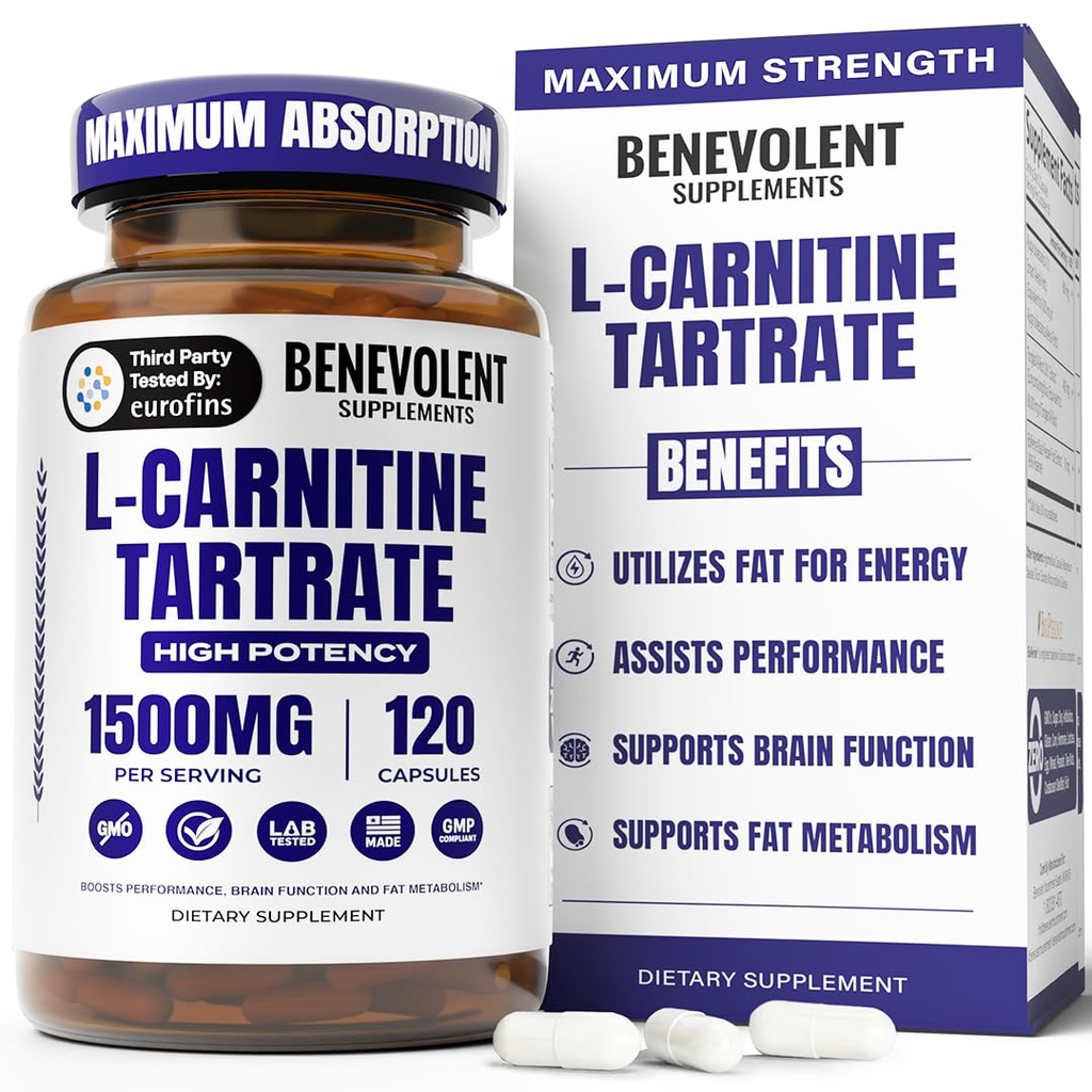 Benevolent L karnitine Supplement - høy potens 1500mg L-karnitine Tartrat - rask absorbering, Konverter fett til energi, støtte lean muskel, økt trening ytelse og metabolisme - 120 vegansk kapsler
