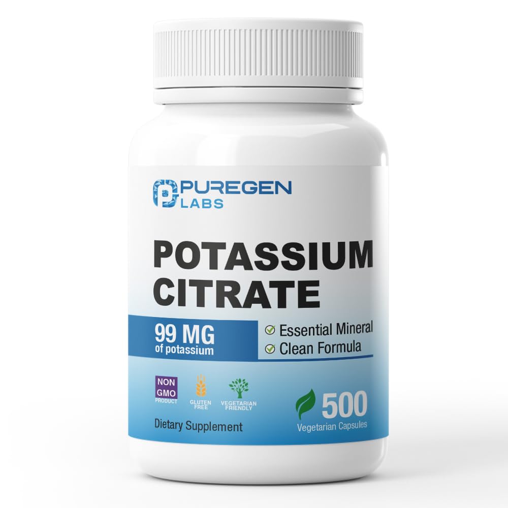 Puregen Labs Kalium Citrate 99 mg Elemental Kalium Supplement | Ingen skadelige additiver | Ikke-GMO, Glutenfri | laget i USA - 500 vegetariske kapsler