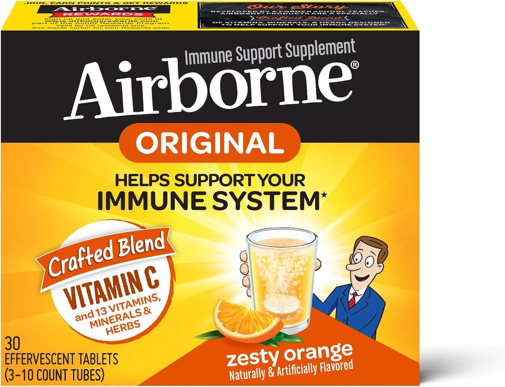 Airborne Zesty Orange Effervescent Tabletter, 1000mg vitamin C - Immunstøtte Supplement 30ea