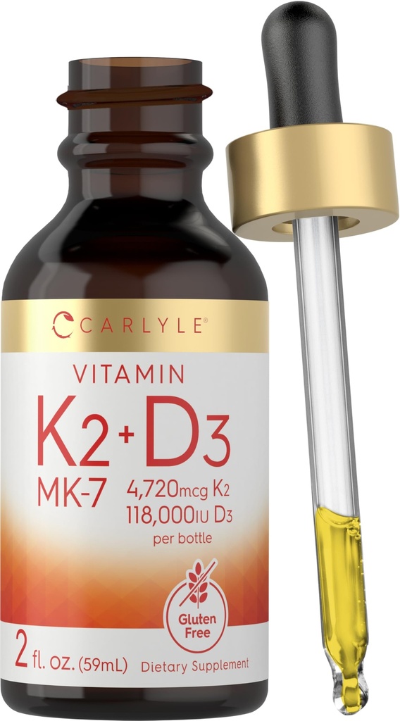 Carlyle Vitamin D3 K2 Dråper ® 2 Fl Oz ® MK-7 Supplement ® Vegetarisk, ikke-GMO, Gluten og soya Free Formula