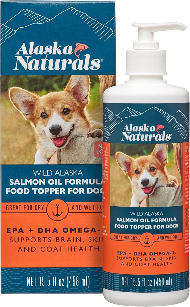 Alaska Naturals - Wild Alaska Salmon Oil Formula Hundemat Topper - EPA og DHA Omega-3 - Supplement for sunn hud, skinnende Coat - laget i USA - 15.5 oz. Pump flaske