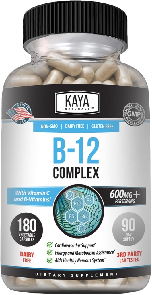 Kaya Naturals B-12 Complex | Multivitamin Supplement for kvinner og menn | Energi og metabolisme Booster | Vitamin Supplement med Biotin, Choline, Inositol, Folat og vitamin C – 180 greve