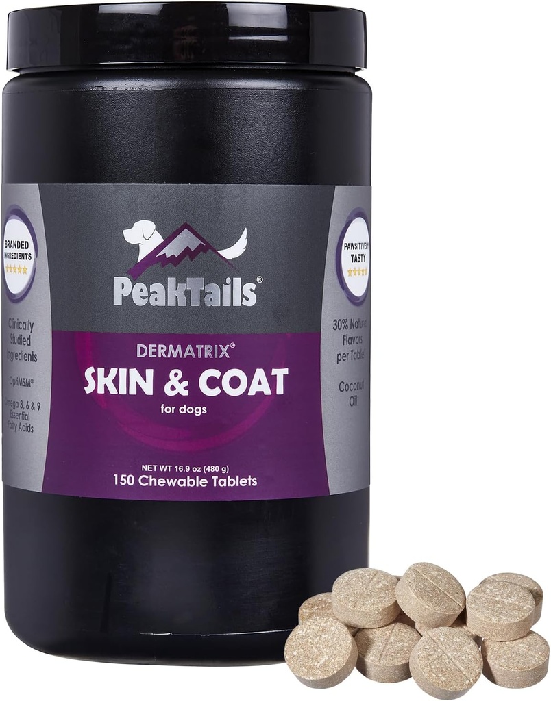 Kala Helse PeakTails Hud & Coat støtte for hunder – 150 Chewable tabletter med MSM, Fish Oil, Omega-3 & Omega-6 – støtter sunn hud, skinnende Coat