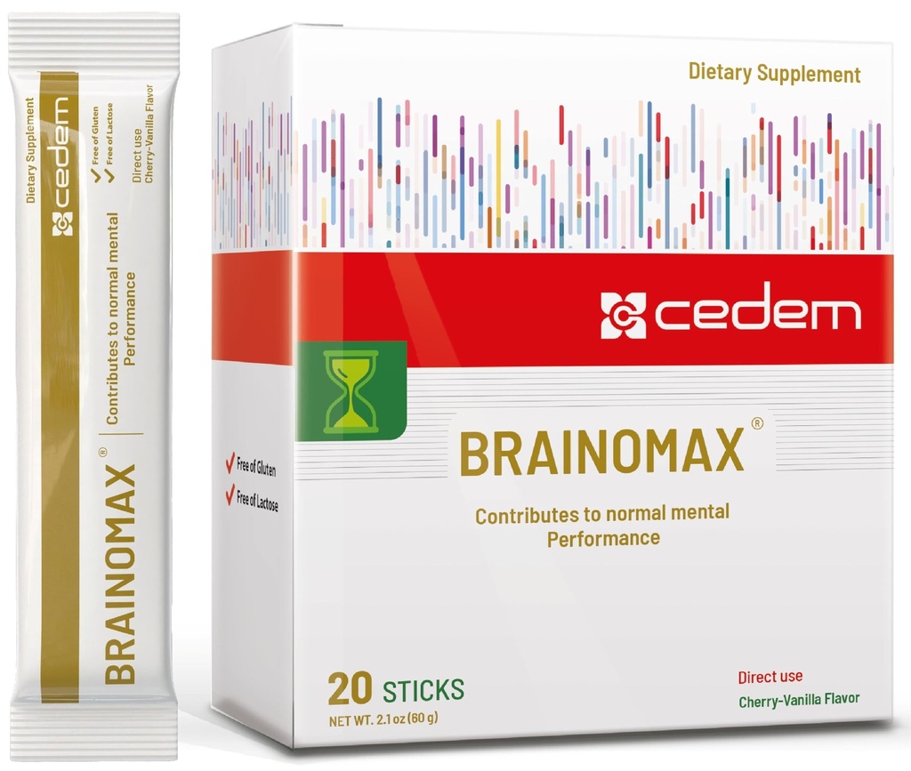 Sveits BRAINOMAX 20 pulver Sticks, Brain Booster Supplement, Cherry-Vanilla Flavor med Citicolin, N-acetyl-L-Carnitin, Nootropic Brain Supplements for hukommelse og fokus, Kognitiv støtte