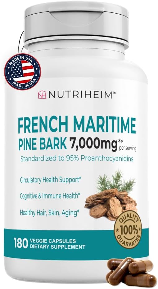 Fransk Maritime Pine Bark ekstrakt 7000mg med 95% Proanthocyanidins for sirkulasjon, hjertehelse, hud, kognitiv støtte - 20:1 Forhold & 180 Veggie Kapsler - Ikke-GMO, Glutenfri, Vegansk-vennlig