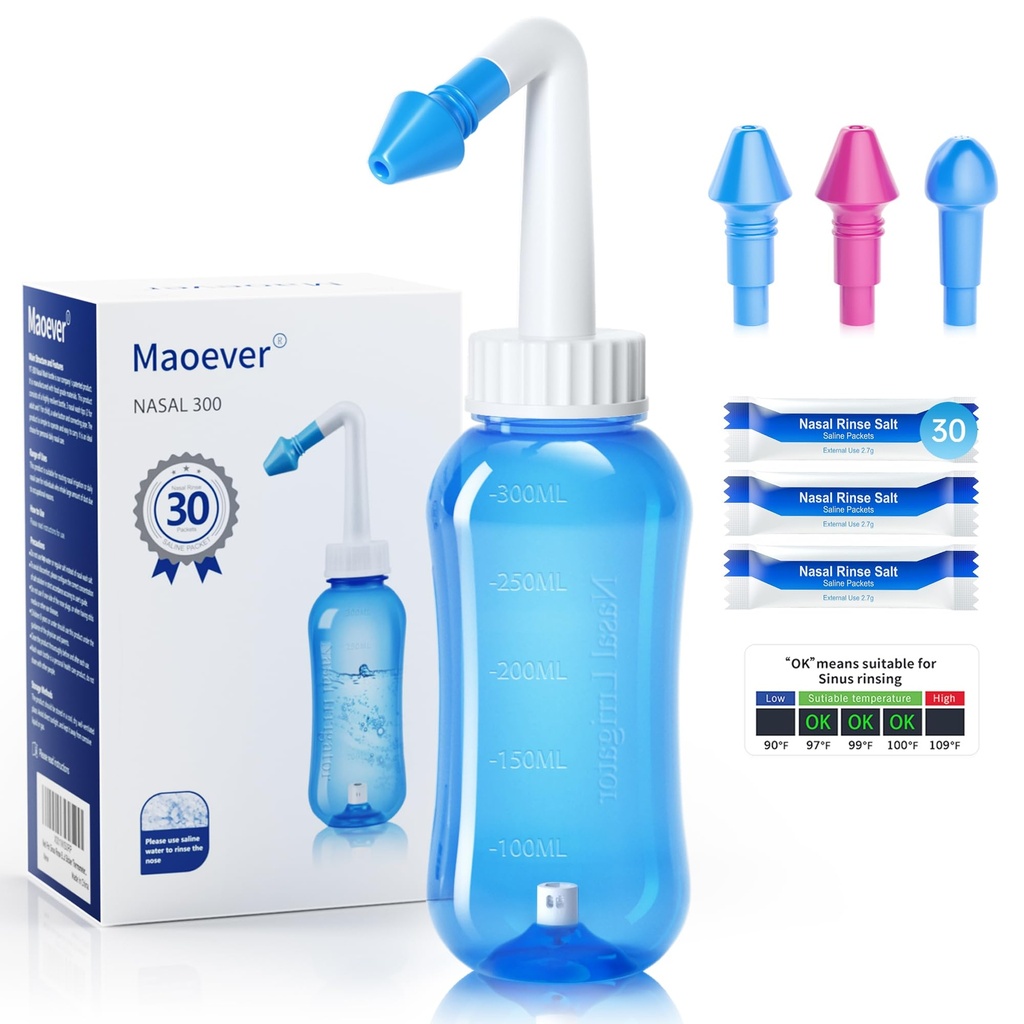 MAO EVER Neti Pot Sinus rengjøringsflaske Nese Vaske Rengjøringstrykk Rinse Nasal Irrigasjon for voksen og kid BPA gratis 300 ML med 30 Nasal Vaske salt pakker og klistremerke termometer (blå)